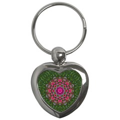 Fantasy Floral Wreath In The Green Summer  Leaves Key Chains (heart)  by pepitasart