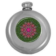 Fantasy Floral Wreath In The Green Summer  Leaves Round Hip Flask (5 Oz) by pepitasart