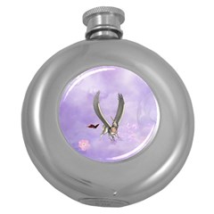 Cute Little Pegasus With Butterflies Round Hip Flask (5 Oz) by FantasyWorld7