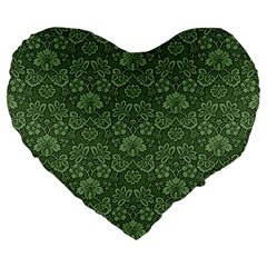 Damask Green Large 19  Premium Flano Heart Shape Cushions by vintage2030