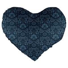 Damask Blue Large 19  Premium Flano Heart Shape Cushions by vintage2030