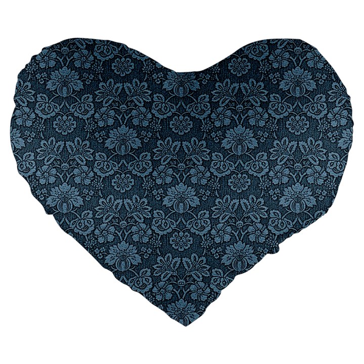 Damask Blue Large 19  Premium Flano Heart Shape Cushions