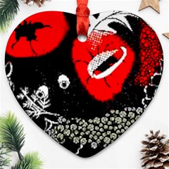 Red Poppy Flowers On Gray Background By Flipstylez Designs Ornament (heart) by flipstylezfashionsLLC