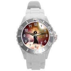 Awesome Dark Fairy In The Sky Round Plastic Sport Watch (l) by FantasyWorld7