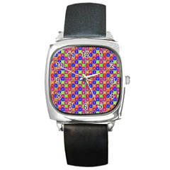 Numbers And Vowels Colorful Pattern Square Metal Watch