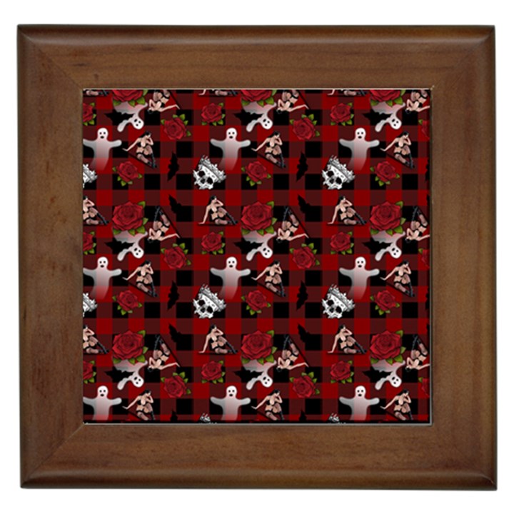 Gothic Woman Rose Bats Pattern Framed Tiles