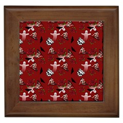 Gothic Woman Rose Bats Pattern Red Framed Tiles by snowwhitegirl