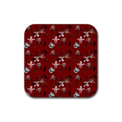 Gothic Woman Rose Bats Pattern Red Rubber Coaster (square)  by snowwhitegirl