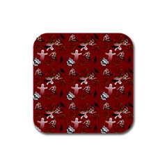 Gothic Woman Rose Bats Pattern Red Rubber Square Coaster (4 Pack)  by snowwhitegirl