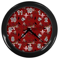 Gothic Woman Rose Bats Pattern Red Wall Clock (black) by snowwhitegirl