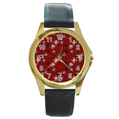 Gothic Woman Rose Bats Pattern Red Round Gold Metal Watch by snowwhitegirl