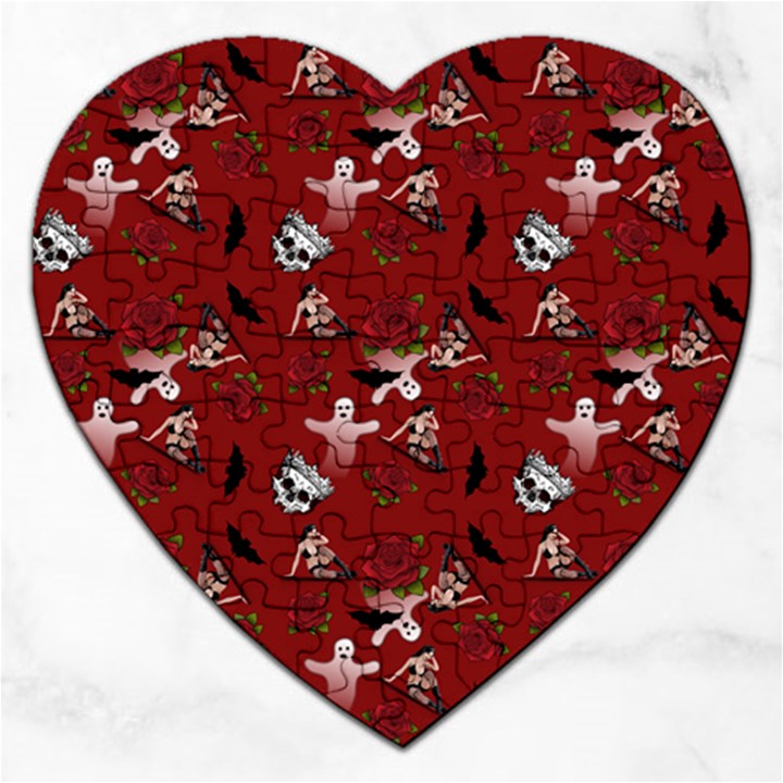 Gothic Woman Rose Bats Pattern Red Jigsaw Puzzle (Heart)