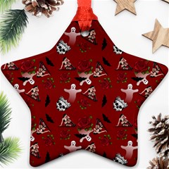 Gothic Woman Rose Bats Pattern Red Star Ornament (two Sides) by snowwhitegirl