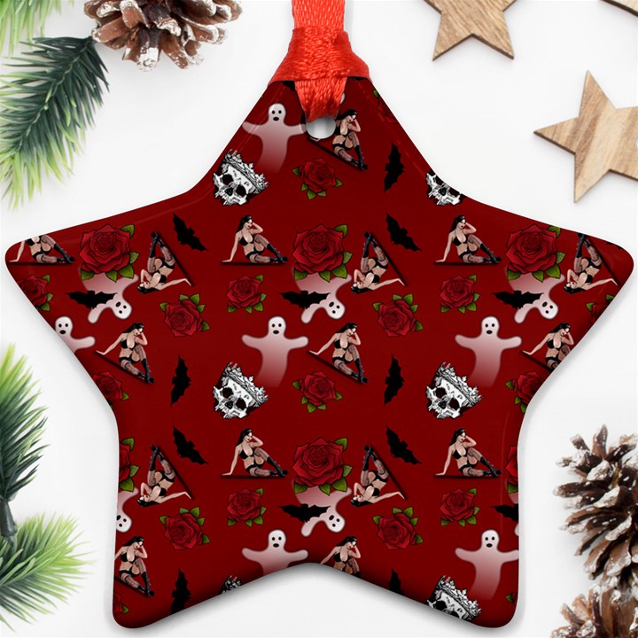 Gothic Woman Rose Bats Pattern Red Star Ornament (Two Sides)