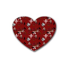 Gothic Woman Rose Bats Pattern Red Rubber Coaster (heart)  by snowwhitegirl