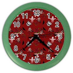 Gothic Woman Rose Bats Pattern Red Color Wall Clock by snowwhitegirl