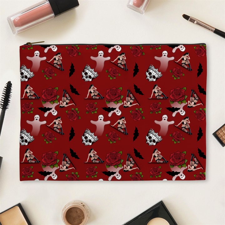 Gothic Woman Rose Bats Pattern Red Cosmetic Bag (XL)