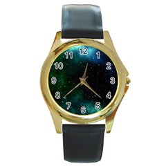 Galaxy Sky Blue Green Round Gold Metal Watch by snowwhitegirl