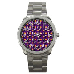 Halloween Skeleton Pumpkin Pattern Purple Sport Metal Watch by snowwhitegirl