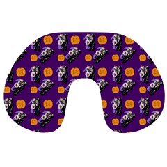 Halloween Skeleton Pumpkin Pattern Purple Travel Neck Pillows by snowwhitegirl