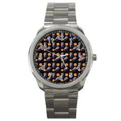 Halloween Skeleton Pumpkin Pattern Black Sport Metal Watch by snowwhitegirl