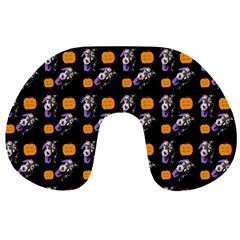 Halloween Skeleton Pumpkin Pattern Black Travel Neck Pillows by snowwhitegirl