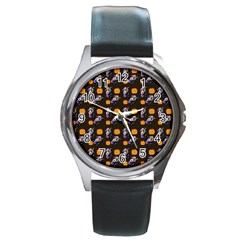 Halloween Skeleton Pumpkin Pattern Brown Round Metal Watch by snowwhitegirl