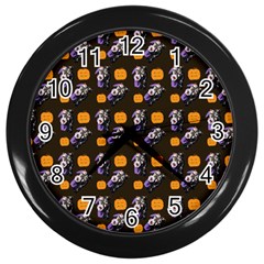 Halloween Skeleton Pumpkin Pattern Brown Wall Clock (black) by snowwhitegirl