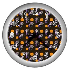 Halloween Skeleton Pumpkin Pattern Brown Wall Clock (silver) by snowwhitegirl