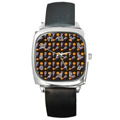 Halloween Skeleton Pumpkin Pattern Brown Square Metal Watch by snowwhitegirl