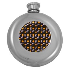 Halloween Skeleton Pumpkin Pattern Brown Round Hip Flask (5 Oz) by snowwhitegirl