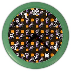 Halloween Skeleton Pumpkin Pattern Brown Color Wall Clock by snowwhitegirl