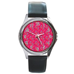 Vintage Floral Pink Round Metal Watch