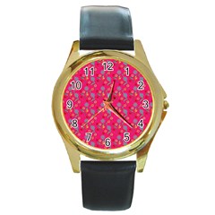 Vintage Floral Pink Round Gold Metal Watch