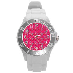 Vintage Floral Pink Round Plastic Sport Watch (L)