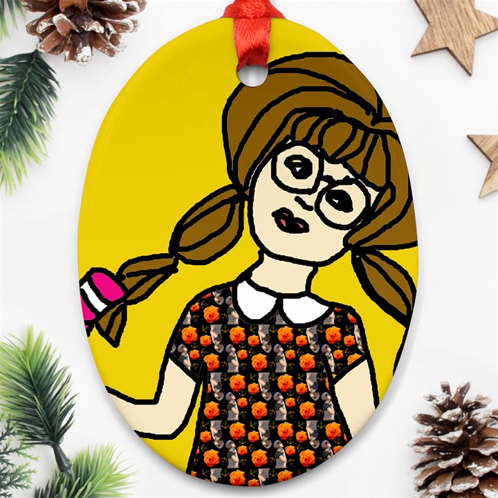 Girl With Popsicle Yellow Background Ornament (Oval)