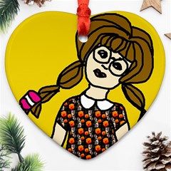 Girl With Popsicle Yellow Background Ornament (heart) by snowwhitegirl