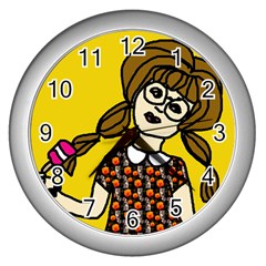 Girl With Popsicle Yellow Background Wall Clock (silver) by snowwhitegirl