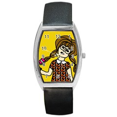 Girl With Popsicle Yellow Background Barrel Style Metal Watch by snowwhitegirl