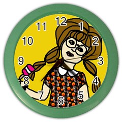 Girl With Popsicle Yellow Background Color Wall Clock by snowwhitegirl