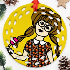 Girl With Popsicle Yellow Background Round Filigree Ornament (two Sides) by snowwhitegirl