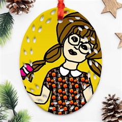 Girl With Popsicle Yellow Background Ornament (oval Filigree) by snowwhitegirl