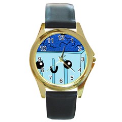 Blue Glitter Ice Cream Carton Round Gold Metal Watch