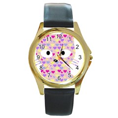 Pink Heart Pattern Cat Round Gold Metal Watch by snowwhitegirl