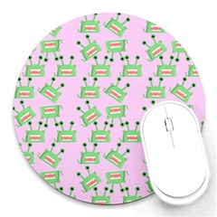 Green Alien Monster Pattern Pink Round Mousepads by snowwhitegirl