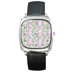 Green Alien Monster Pattern Pink Square Metal Watch by snowwhitegirl