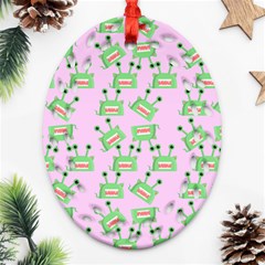 Green Alien Monster Pattern Pink Ornament (oval Filigree)