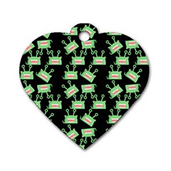 Green Alien Monster Pattern Black Dog Tag Heart (two Sides) by snowwhitegirl