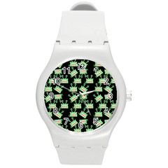 Green Alien Monster Pattern Black Round Plastic Sport Watch (m) by snowwhitegirl