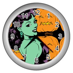 Zombie Retro Girl Black Wall Clock (silver) by snowwhitegirl